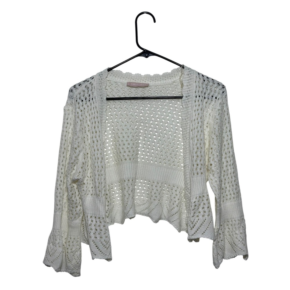 Sweet Kizz Opened Front Bell Sleeve White Knit Cropped Cardigan Women's SZ Large